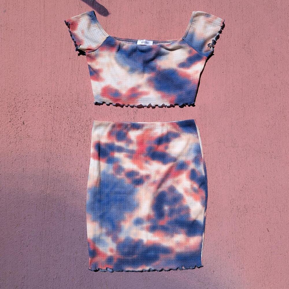 Black Bead Ribbed Tie Dye 2-Piece Crop Top Mini Skirt Set Size M